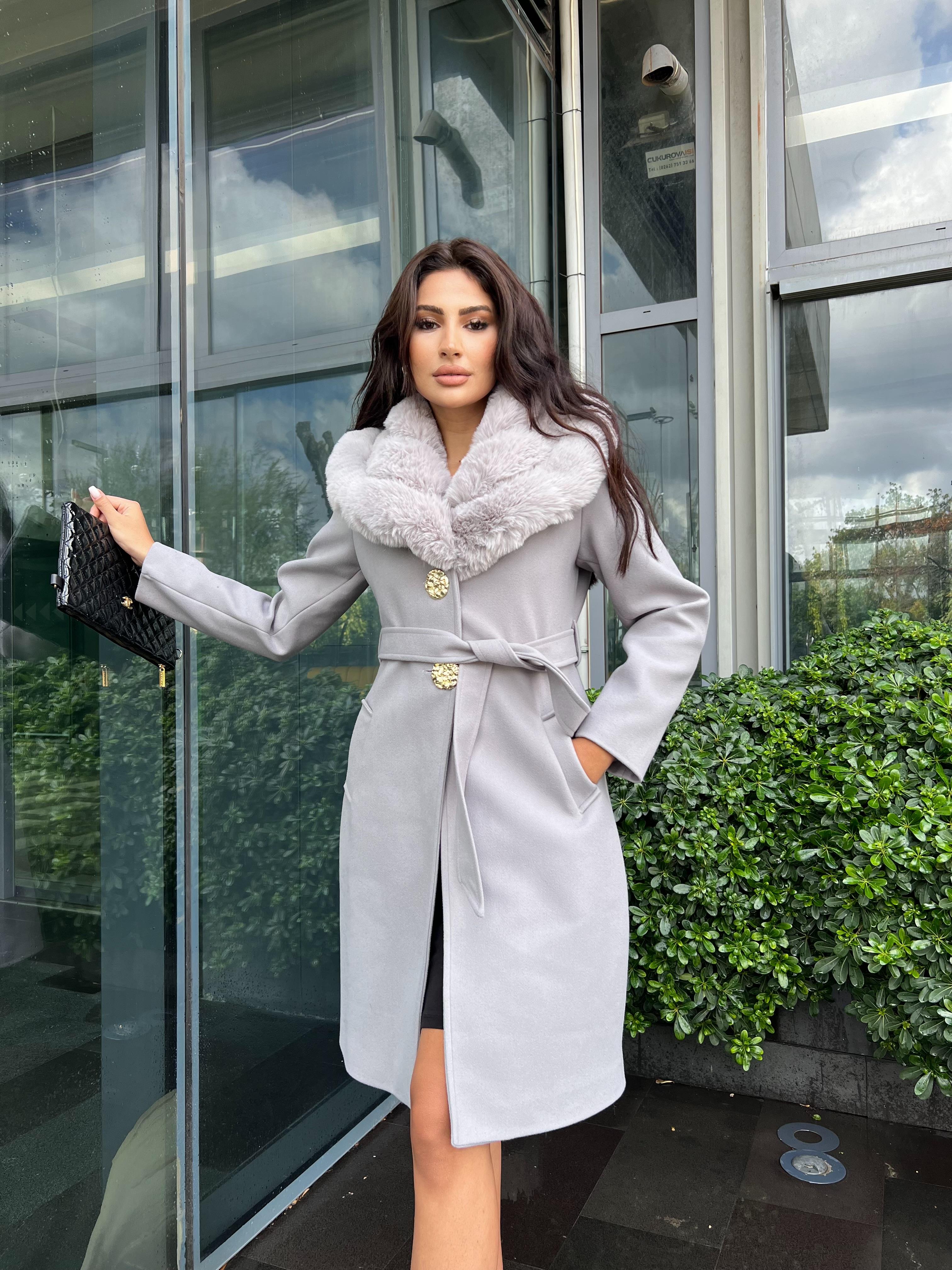 Vanessa Kürklü Kaşe Kaban Gri