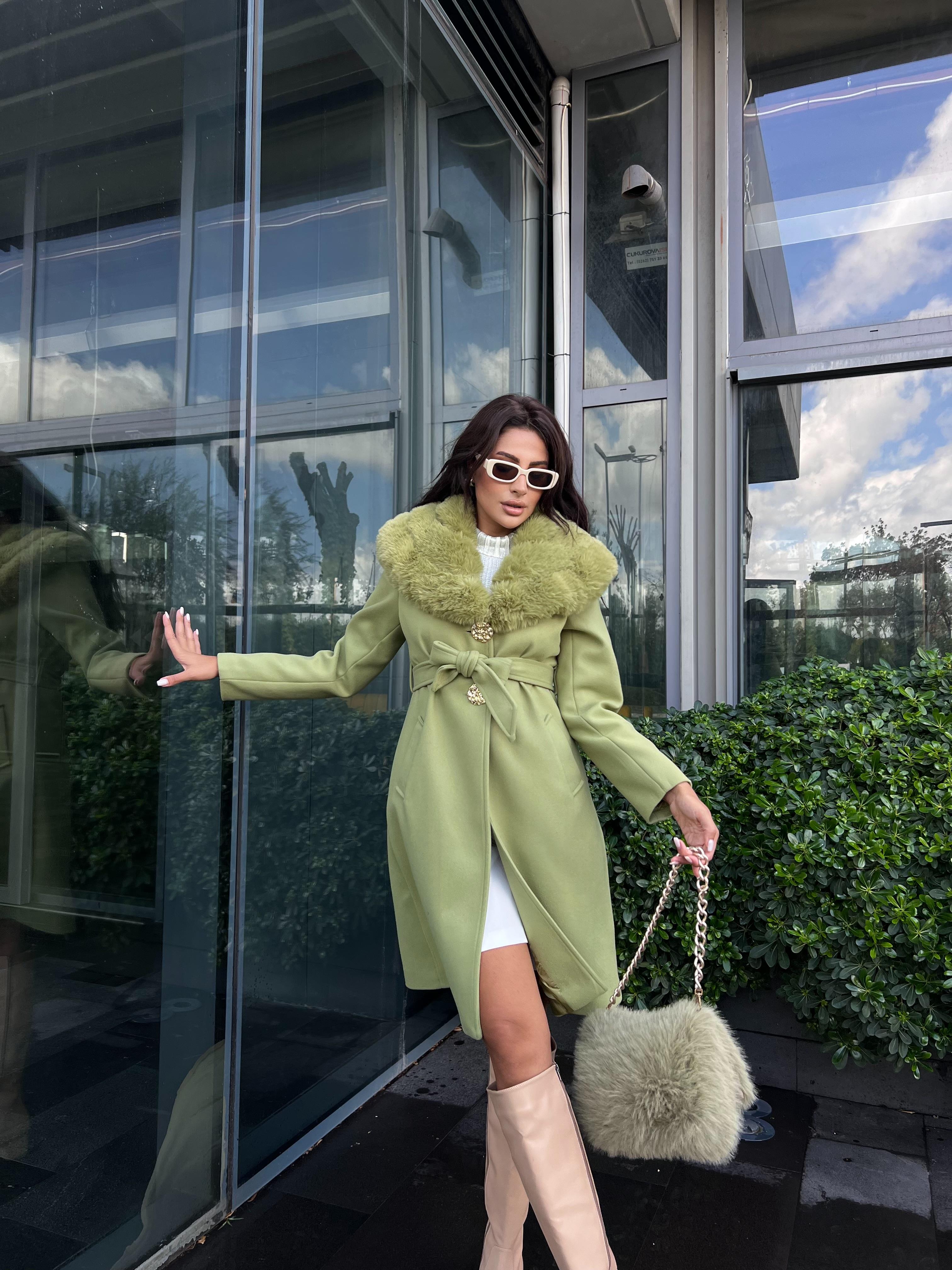 Vanessa Kürklü Kaşe Kaban Yeşil