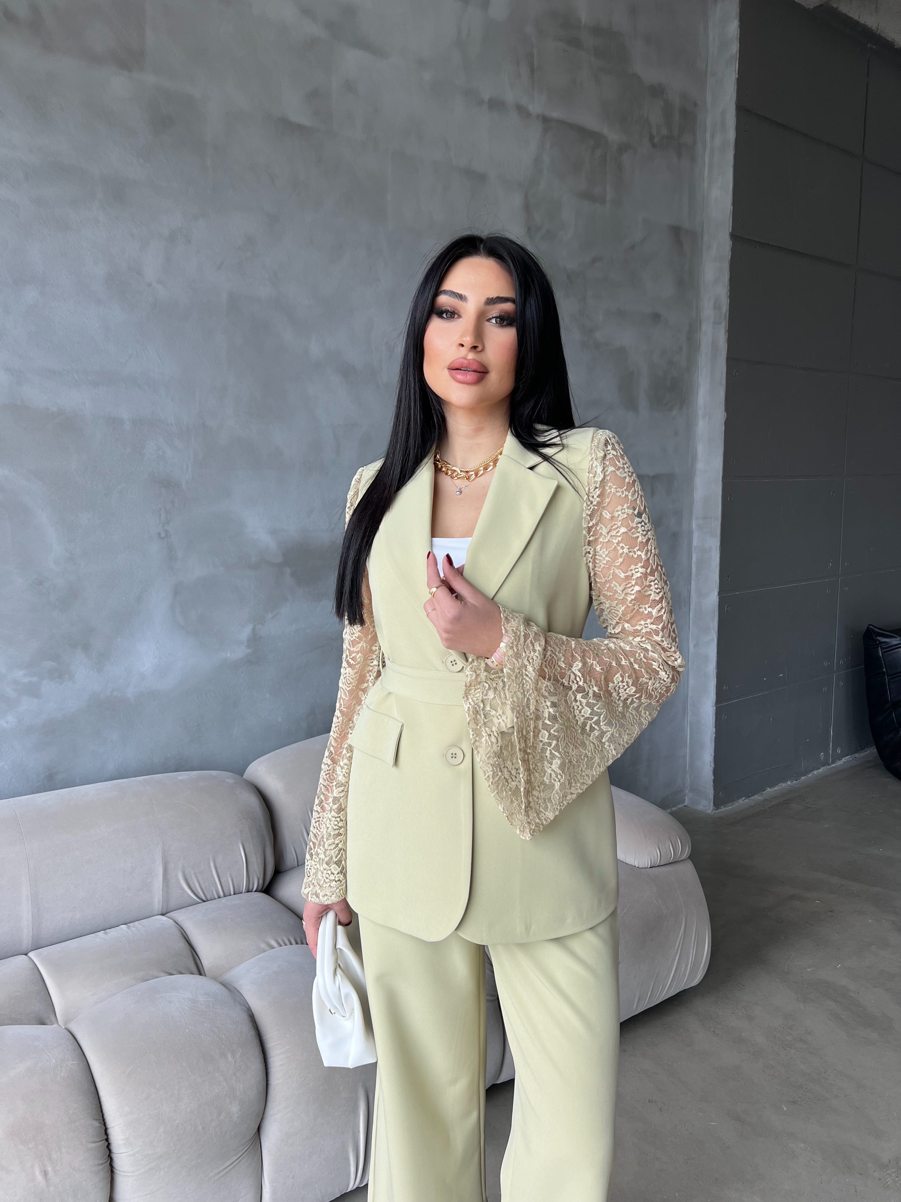 via kolları dantelli ceket takım açık yeşil 