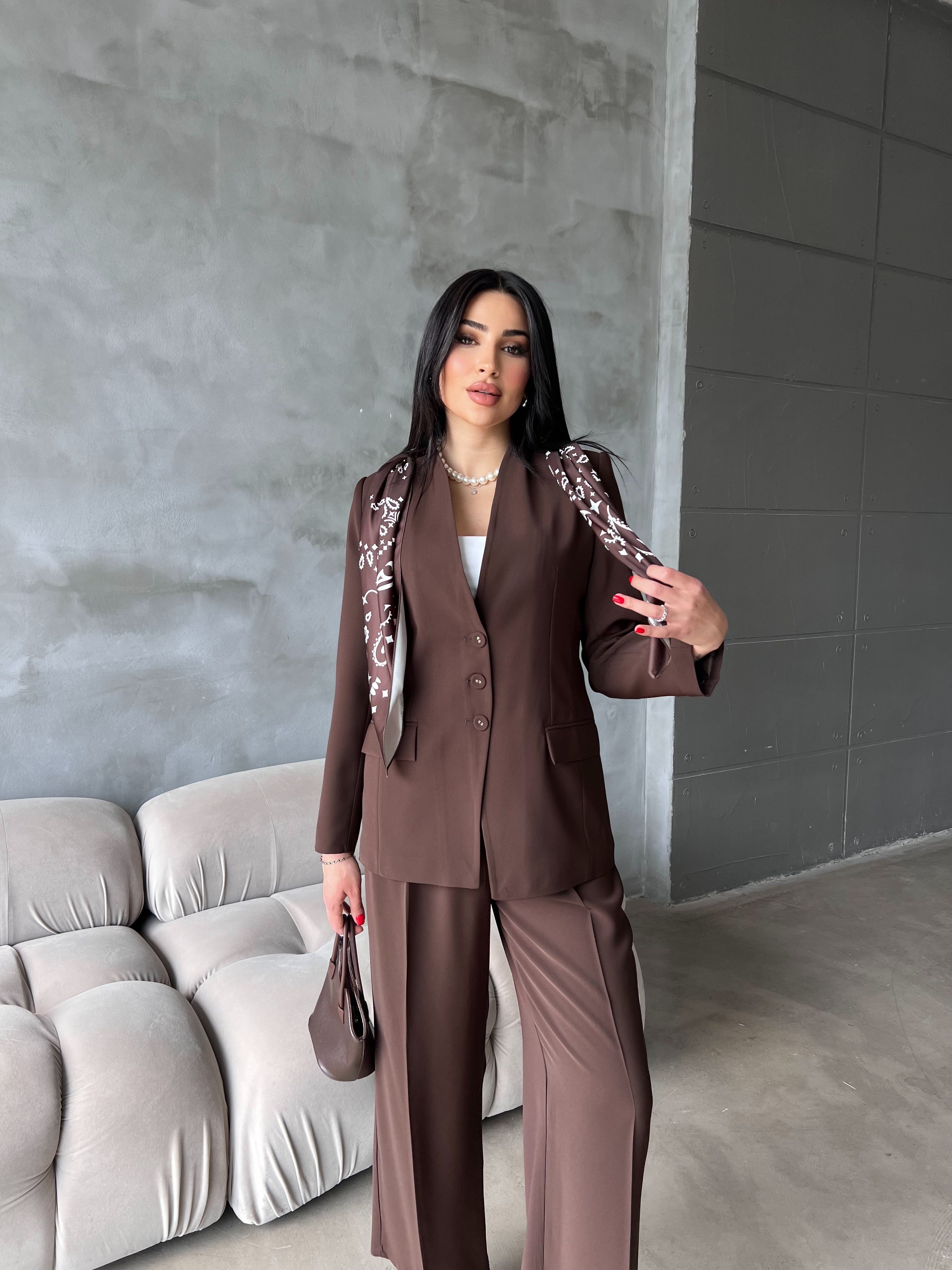 vola şal detaylı ceket takım kahve