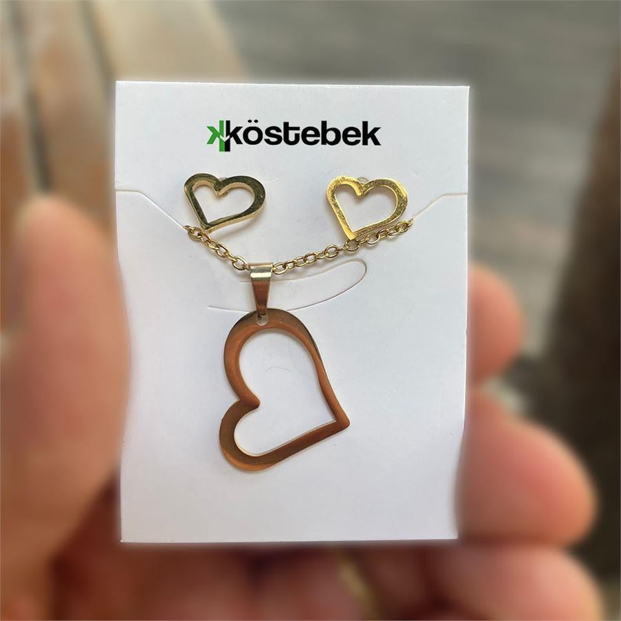 Gold Yassı Kalp Kolye Ve Küpe Seti 