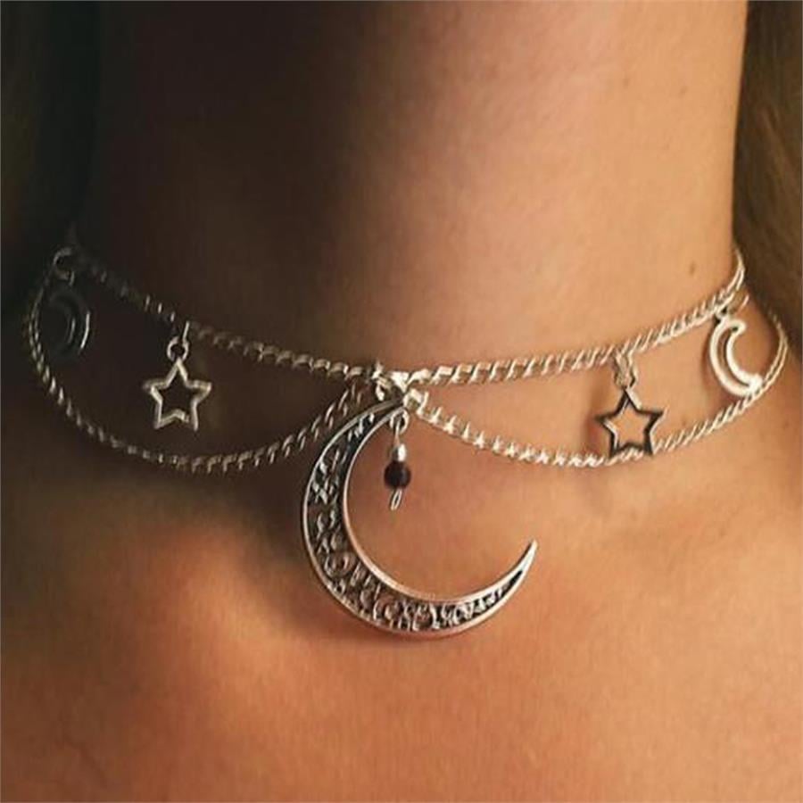 İşlemeli Half Moon Yıldız Kolaj Detaylı Zincirli Kolye 