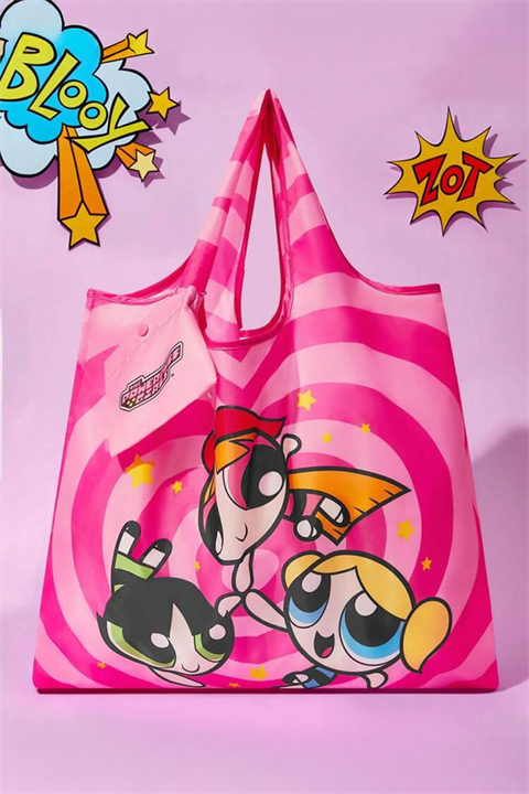 Pembe Powerpuff Girls Polyester Katlanabilir Bez Çanta
