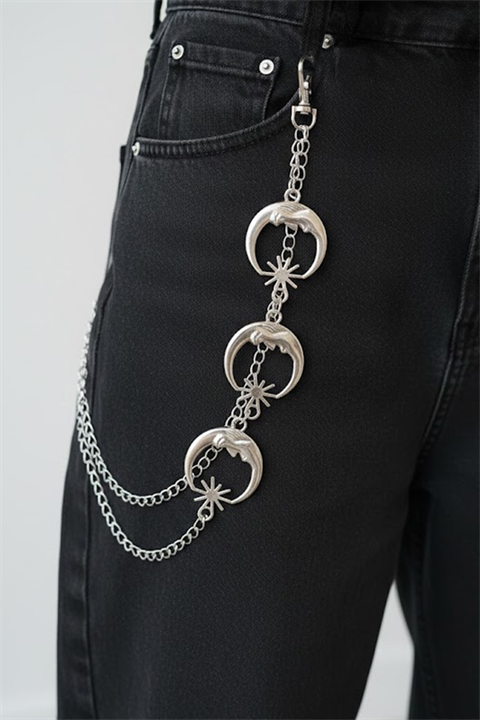 Silver Gotik Ay Ve Güneş Detaylı Gotik Pantolon Zinciri