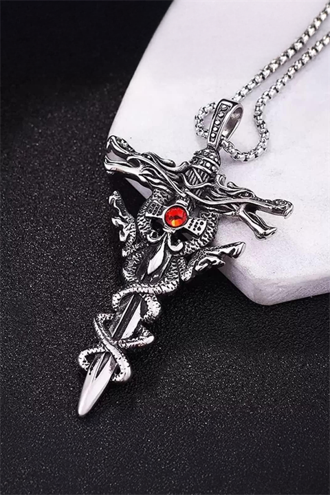 Silver Kırmızı Kristal Ejderha Sarmalı Kılıç Kolye