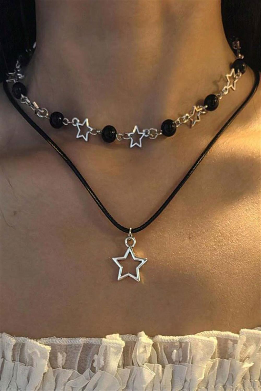 Silver Punk Star And Bead İkili Kolye