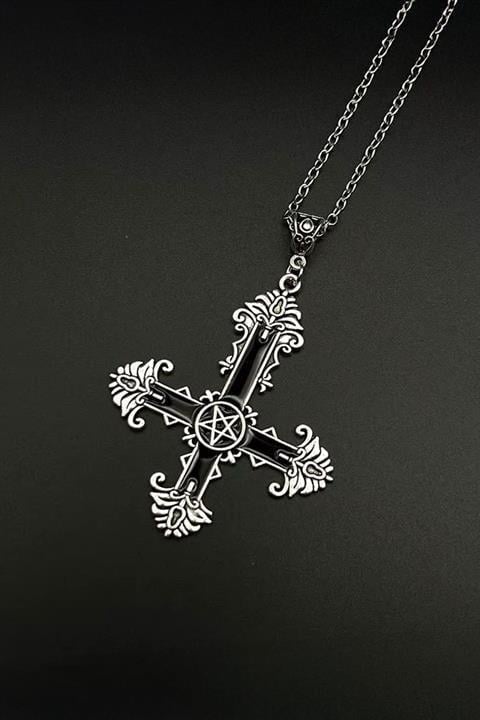 Silver Siyah Gotik Cross Pentagram Kolye