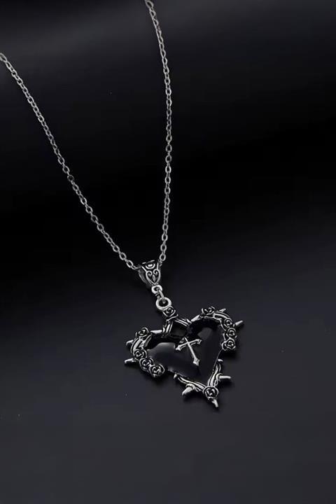 Silver Siyah Heart Cross Gotik Kolye