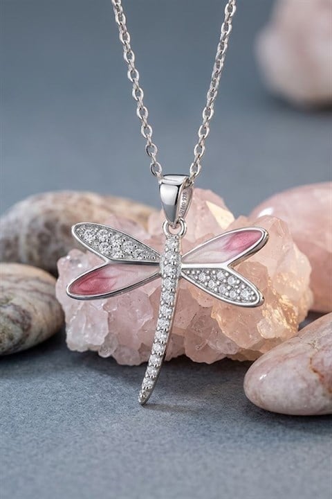 Silver Taşlı Pembe Kanat Detaylı Kelebek Kolye