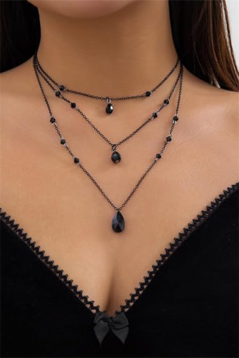Siyah 3 Sıralı Siyah Kristal Kolye