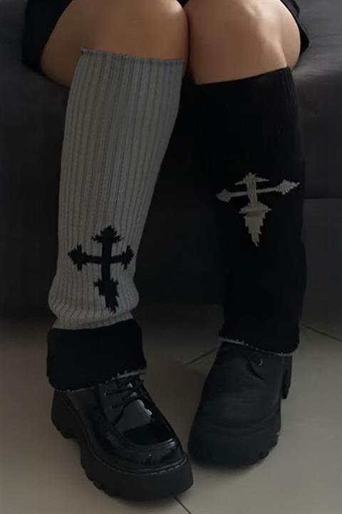 Siyah Gri Cross Gotik Çift Taraflı Tozluk