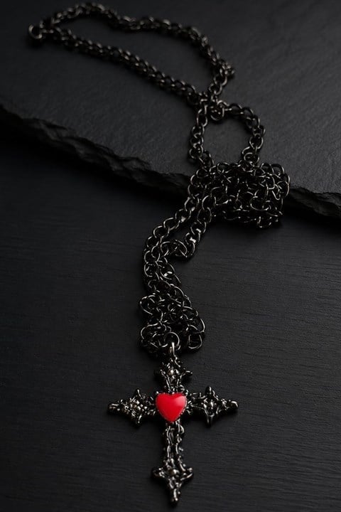 Siyah Red Heart Cross Gotik Kolye