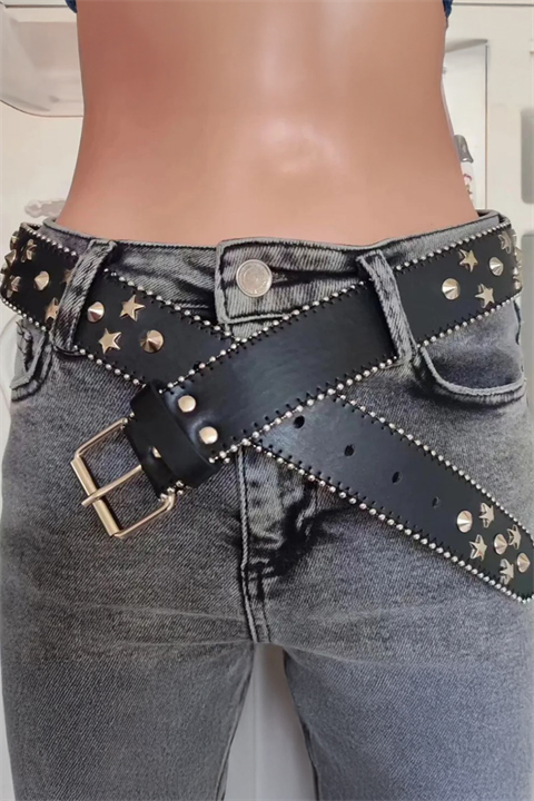 Siyah Yıldız Detaylı Zımbalı Harajuku Deri Punk Kemer