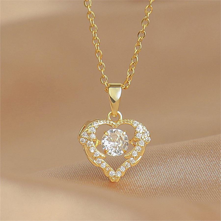 Taş Detaylı Kalp Gold Zincirli Kolye 