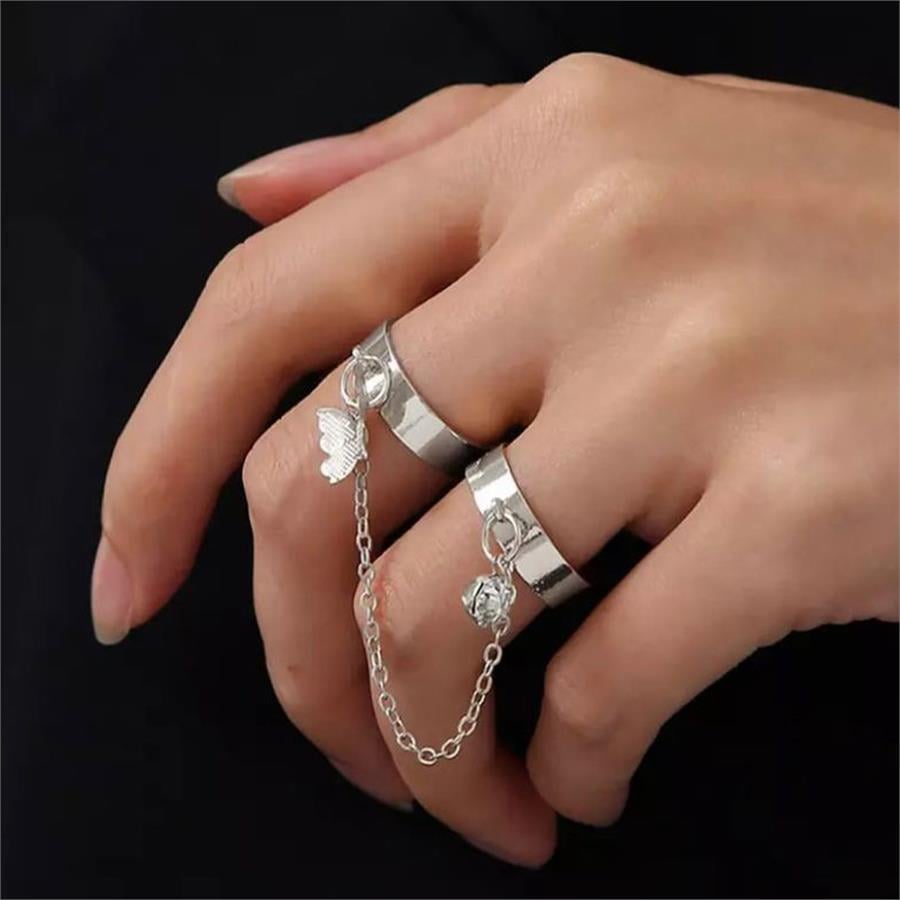 Zincirli Silver Butterfly Taşlı İkili Yüzük 