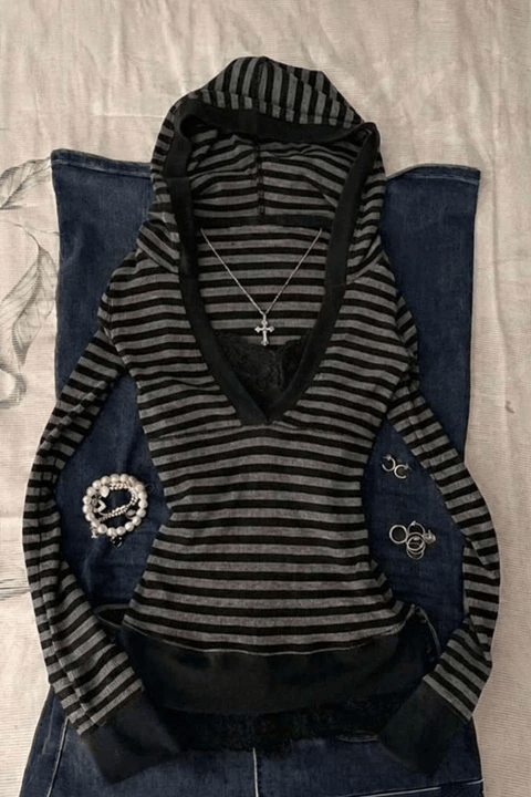 Antrasit Siyah Çizgili Kapüşonlu Gotik Y2K Uzun Kollu Crop