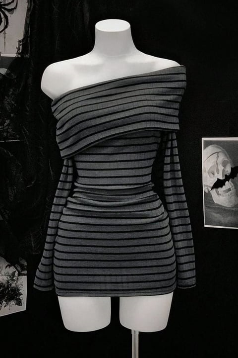 Antrasit Siyah Çizgili Omuz Dekolteli Uzun Kollu Bodycon Elbise