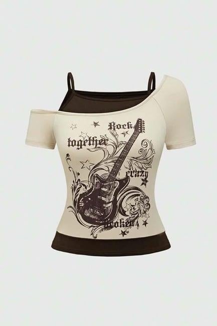Bej Rock Together Brown Guitar Ek Askılı Kısa Kollu Full Body Crop
