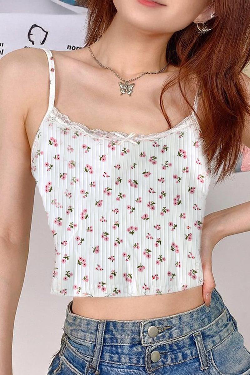 Beyaz Dantelli Yaka Pembe Çiçek Desenli Kurdeleli Askılı Crop