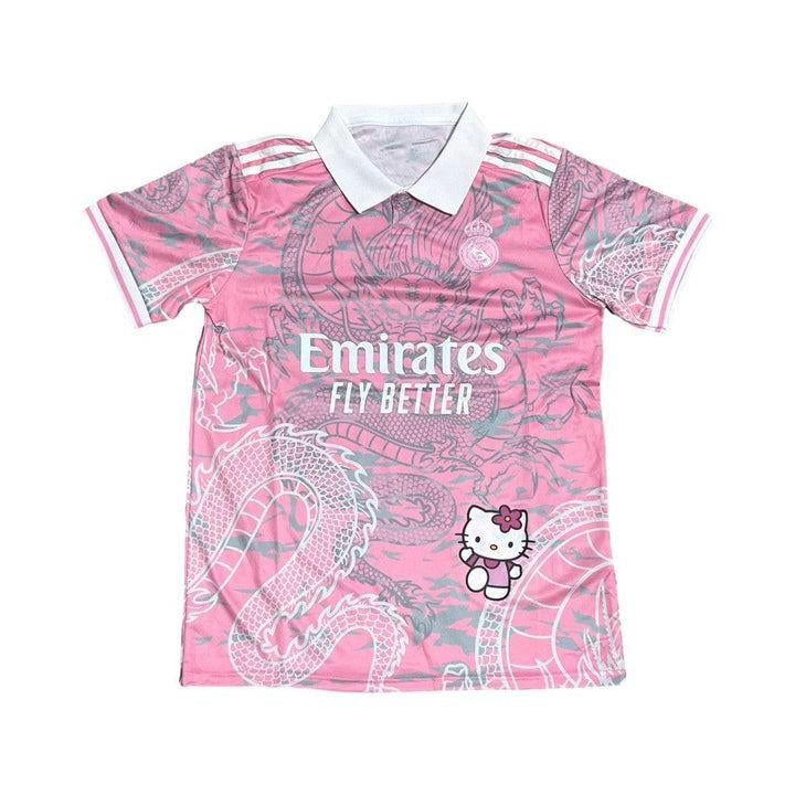 Beyaz Kitty Madrid Dragon Jersey Siyah Düğmeli Yaka T-shirt