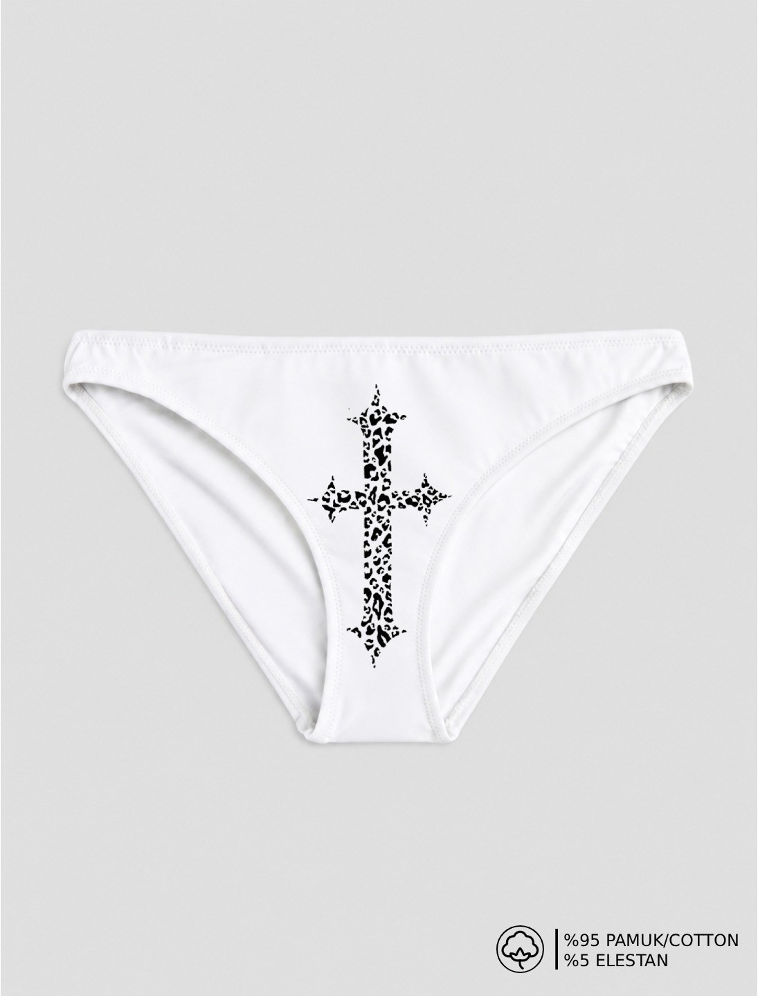 Beyaz Leopar Haç Baskılı Bikini Kalıp Külot