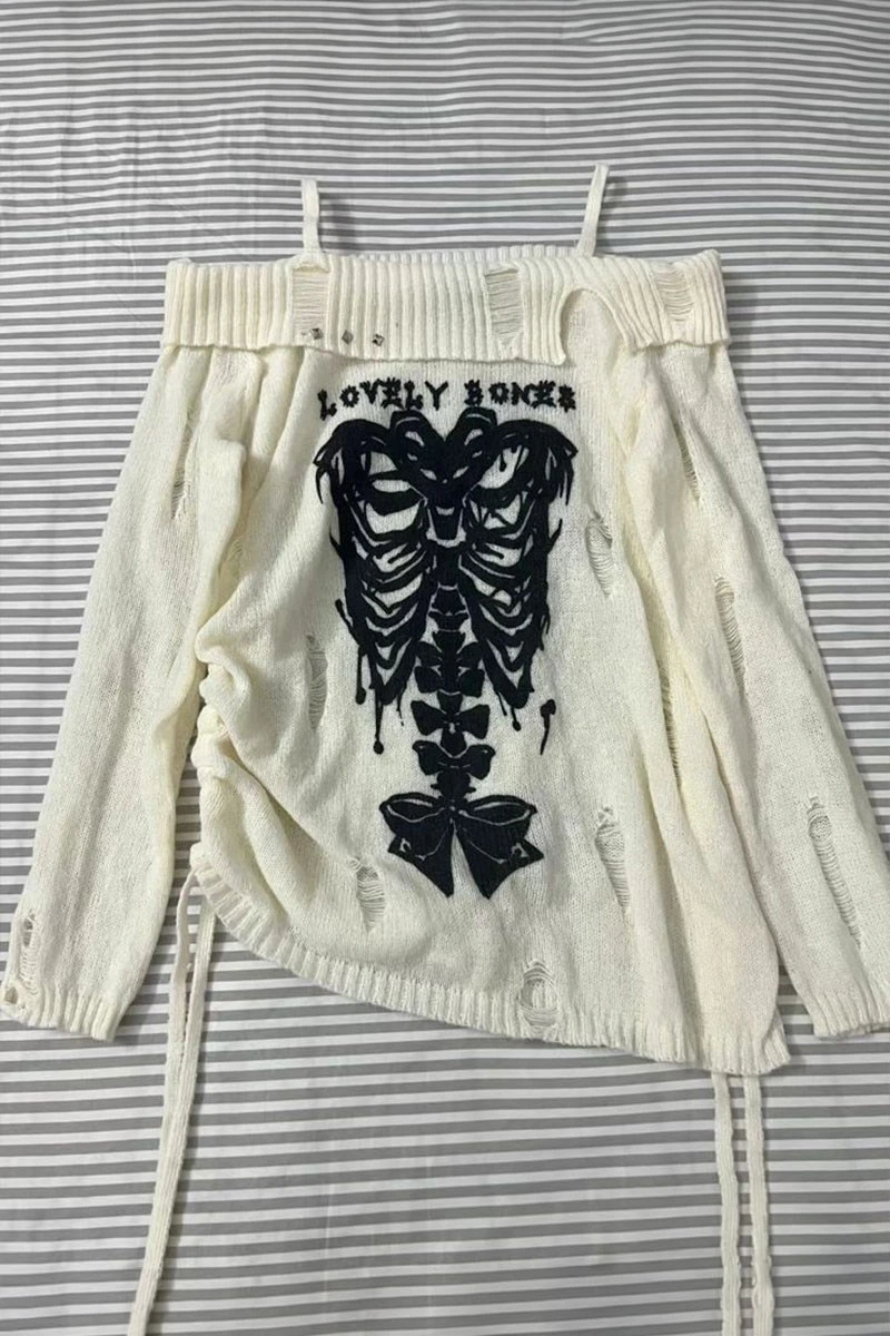 Beyaz Lovely Bones Gotik Y2K Uzun Kollu Off Shoulder