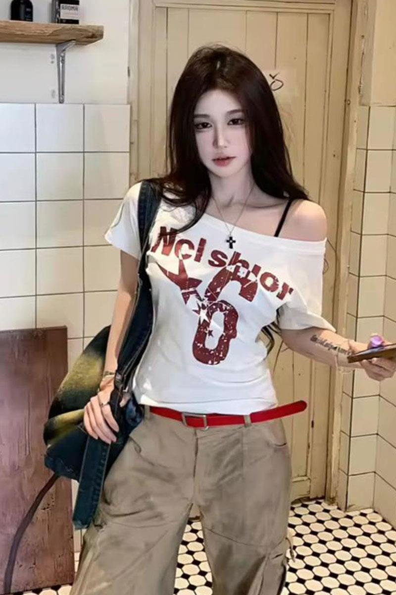 Beyaz Nclshior 6 Y2K Kısa Kollu Crop