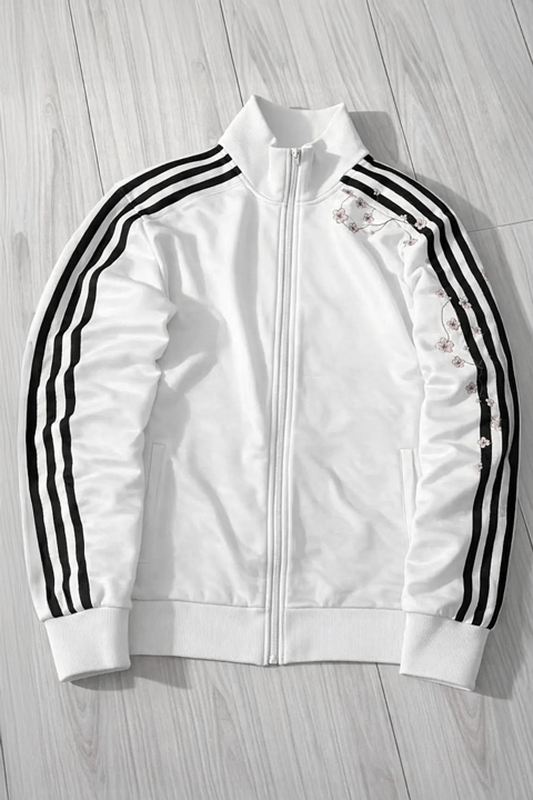 Beyaz Üç Şeritli Sakura Ağacı Y2K Unisex Hırka