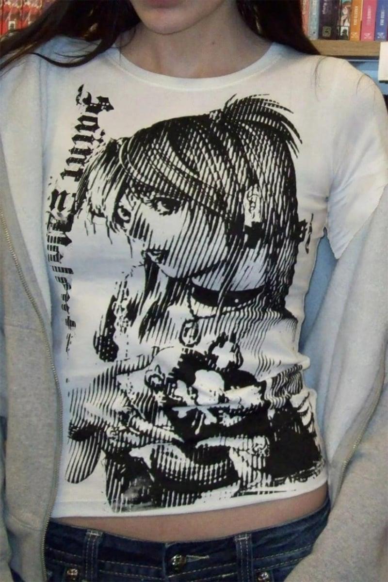 Beyaz Vintage Anime Misa Amane Saint Gotik Y2K Uzun Kollu Crop