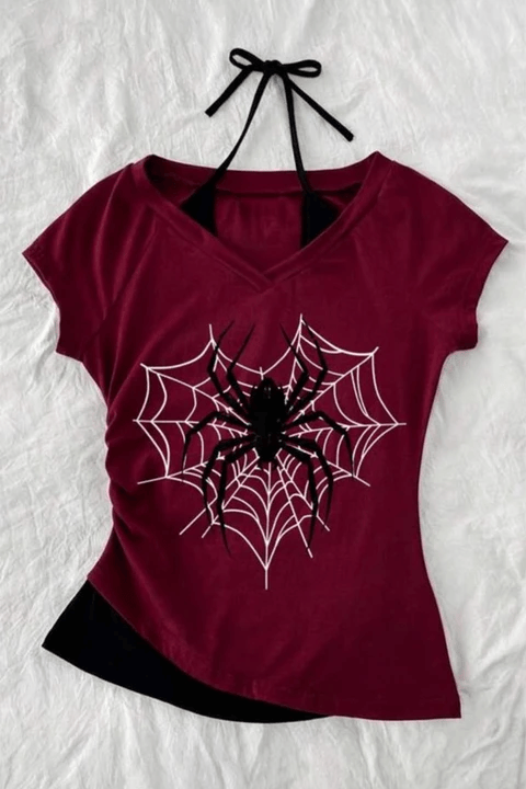 Bordo Heart Gotik Spider Harajuku Ek Askılı Y2K Kısa Kollu Crop