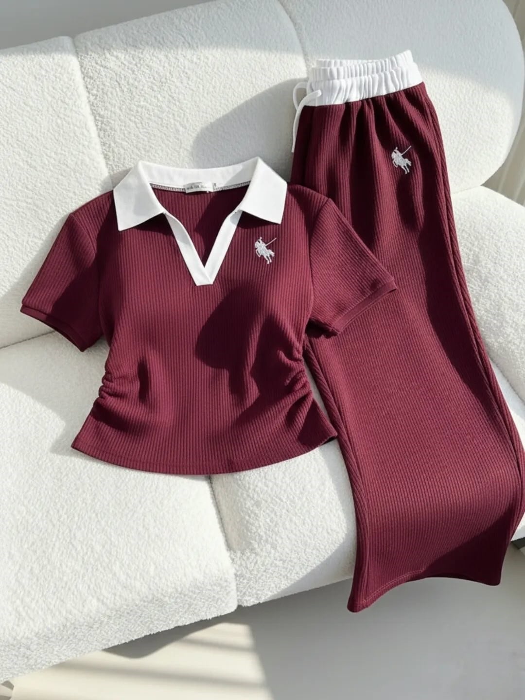 Bordo Polo Yaka Fitilli Likralı Premium Eşofman Takımı