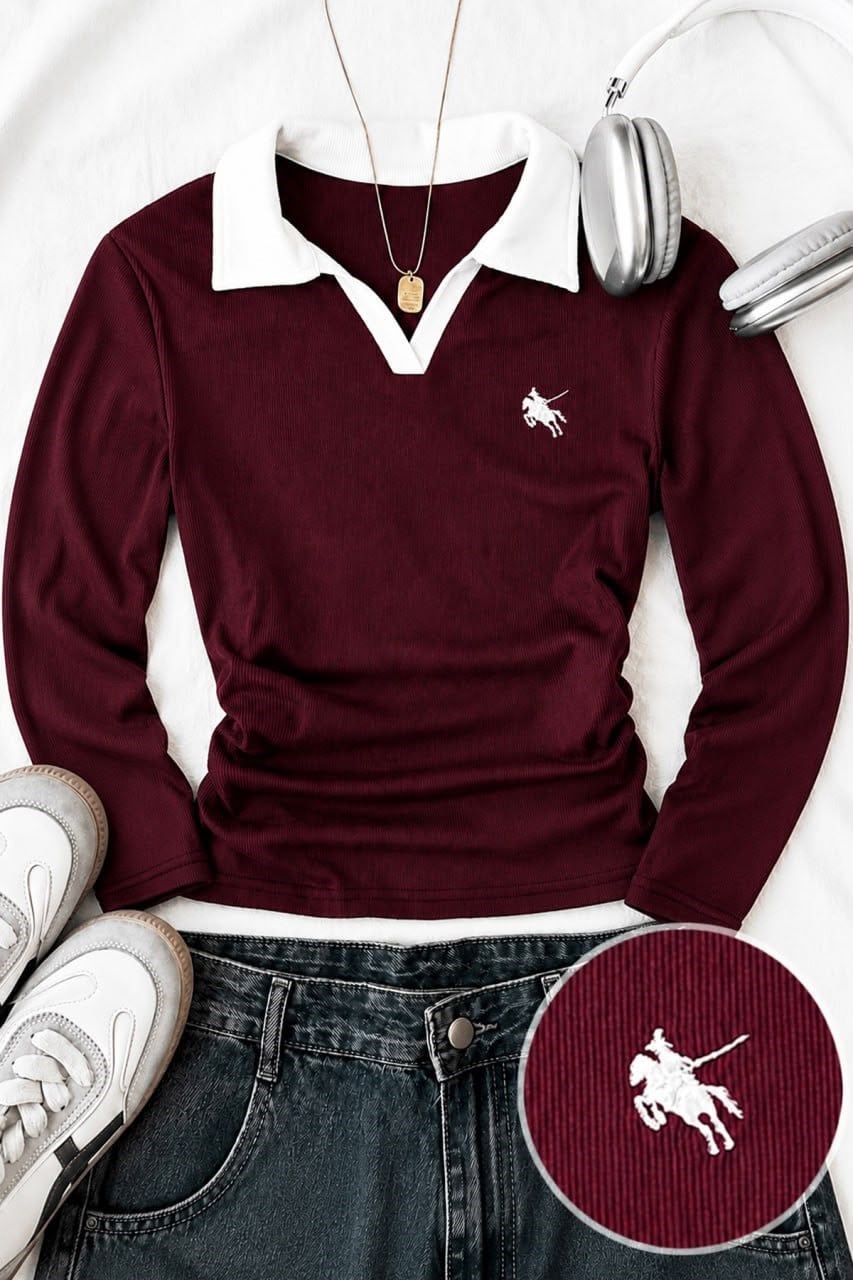 Bordo Polo Yaka Nakışlı Büzgülü Bluz