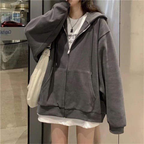 Düz Füme Fermuarlı Kalın Kumaş Oversize Unisex Kapüşonlu Hırka