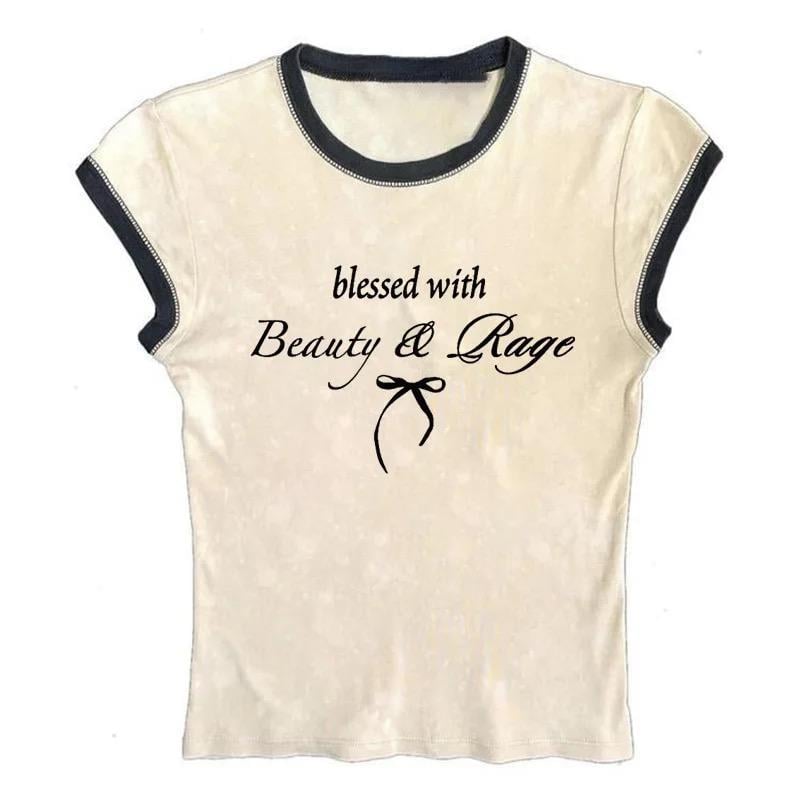 Ekru Blessed With Beauty & Rage Kısa Kollu Crop