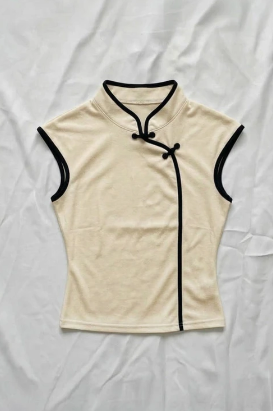 Ekru Mandarin Yaka Siyah Şeritli Qipao Y2K Kısa Kollu Crop