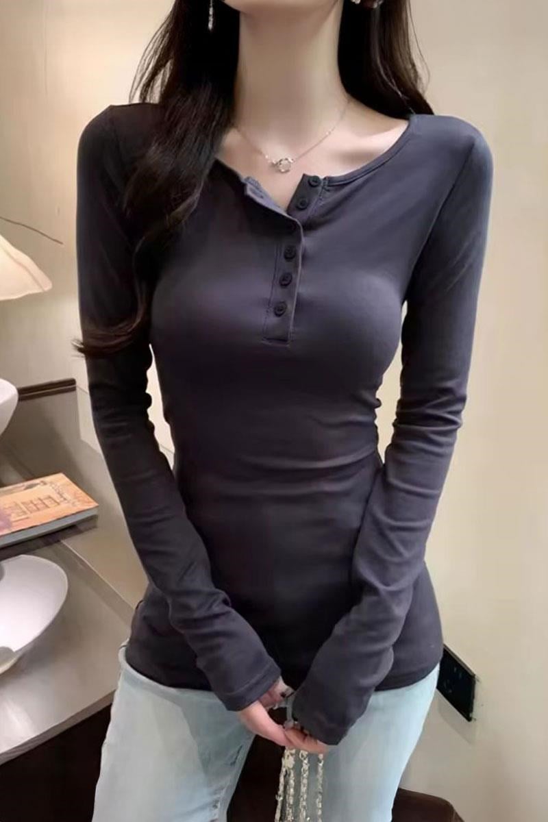 Füme Düğmeli Yarım Yaka Y2K Uzun Kollu Crop