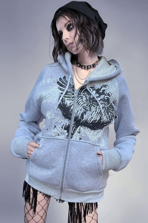 Gri Melanj Gotik Wings Tribal Harajuku Y2K Kapüşonlu Unisex Hırka