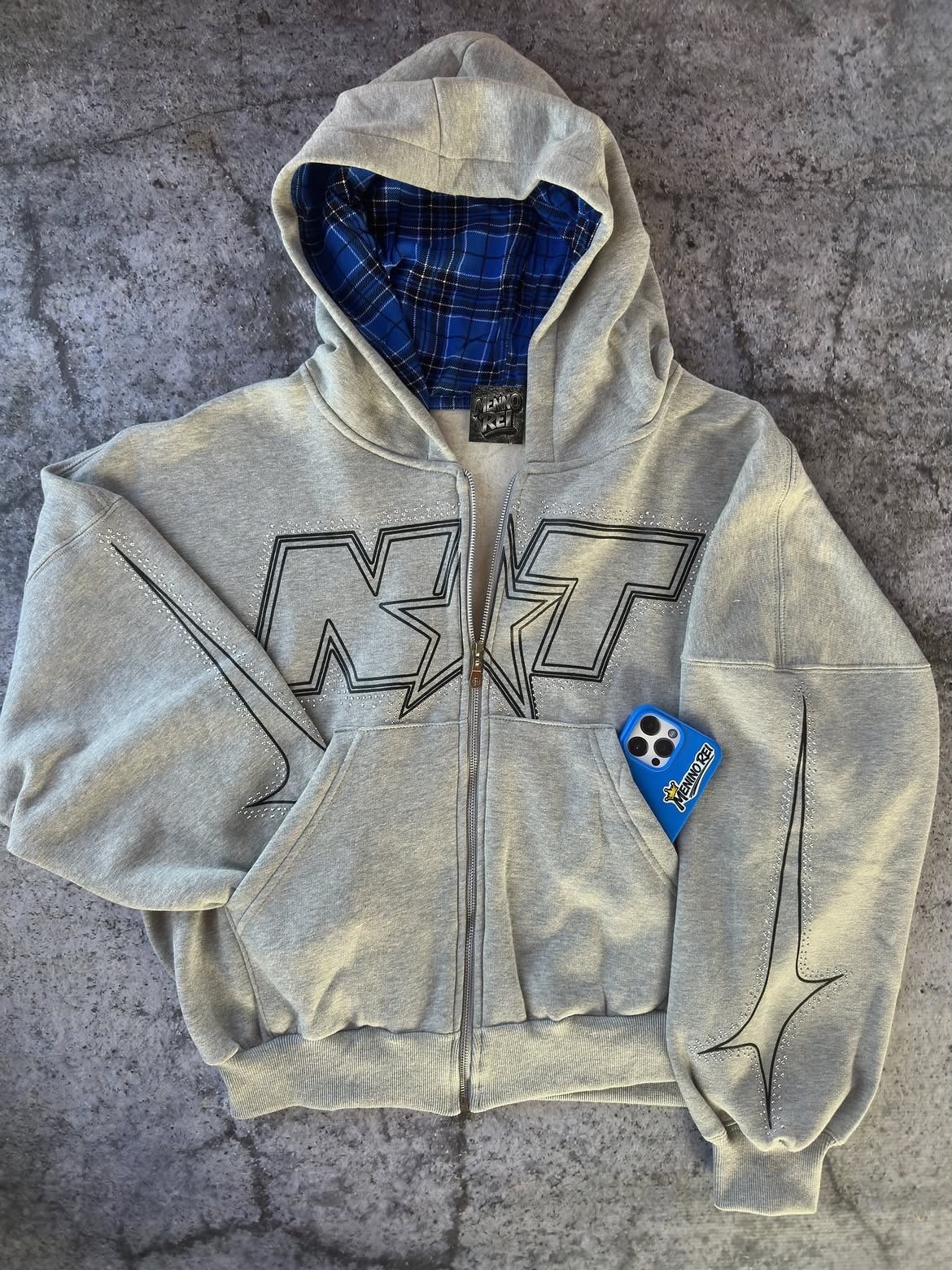 Gri NXT Taş Detaylı Oversize Fermuarlı Hoodie