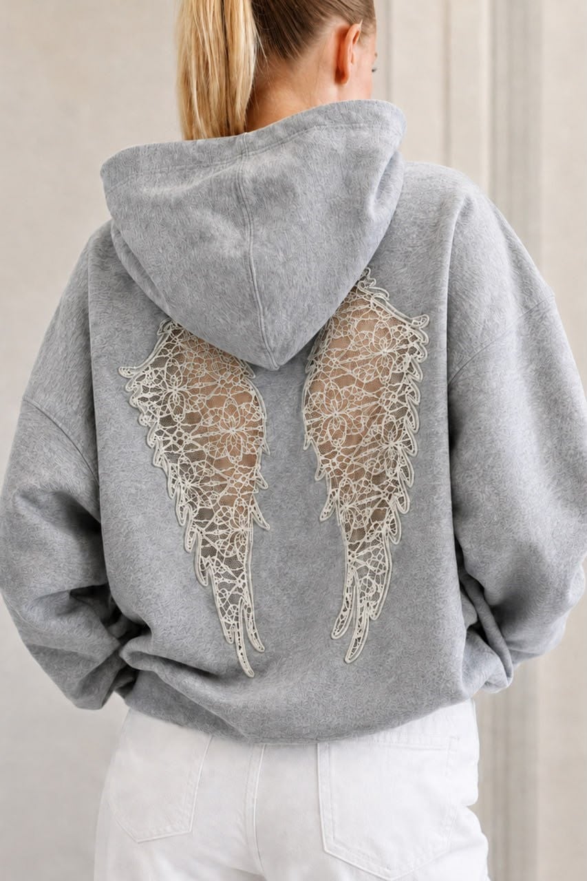 Gri Wing Sırt Dantel Kanat Detaylı Sweat Sweatshirt