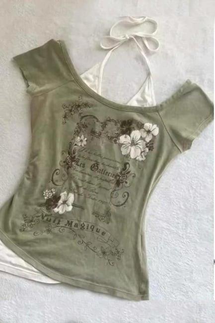 Haki Nuit Magique Madonna Yaka Ek Askılı Kısa Kollu Full Body Crop