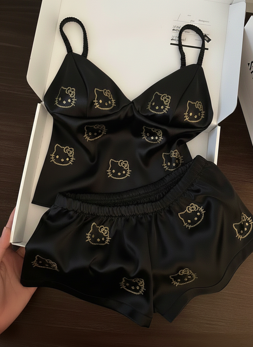 Hello Kitty Taş Detaylı Şık Homewear Pijama Takımı siyah