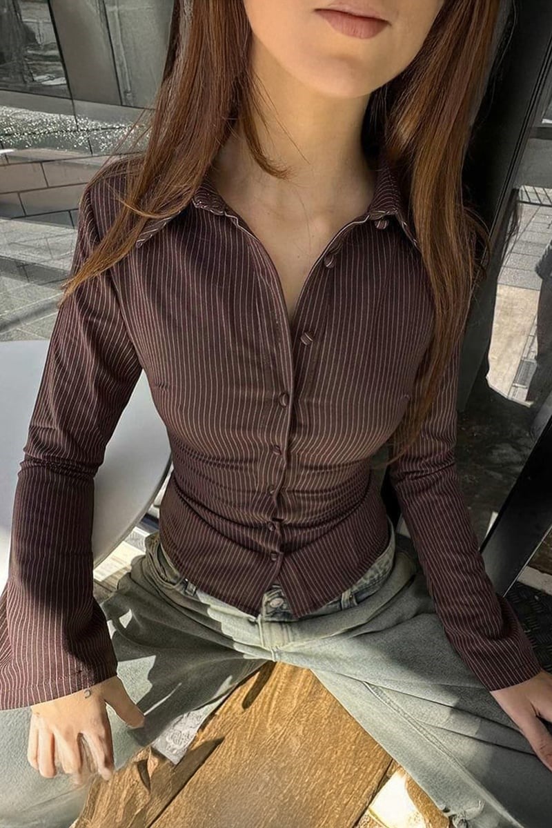 Kahverengi Çizgili Vintage Mini Puff Sleeve Y2K Uzun Kollu Gömlek