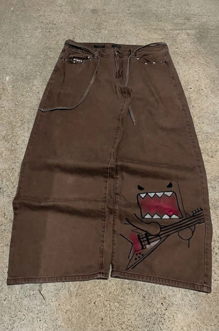 Kahverengi Domo-Kun Y2K Unisex Baggy Pantolon