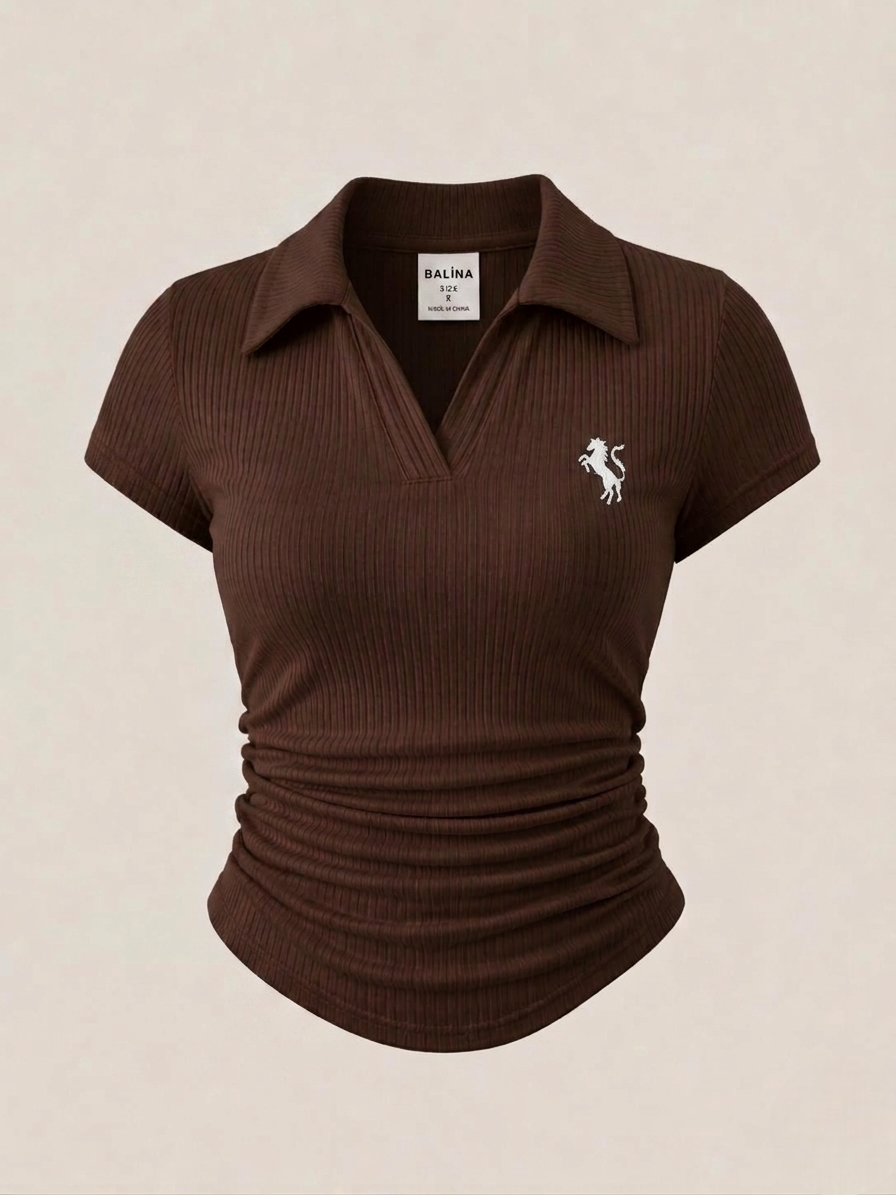 Kahverengi  Polo Yaka Fitilli Premium Bluz