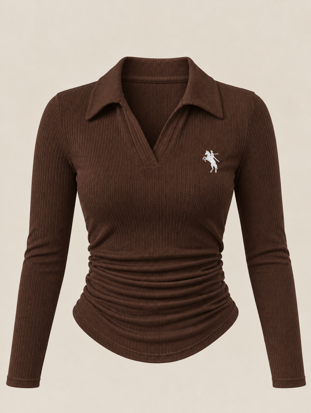 Kahverengi Polo Yaka Fitilli Premium Uzun Kollu Bluz