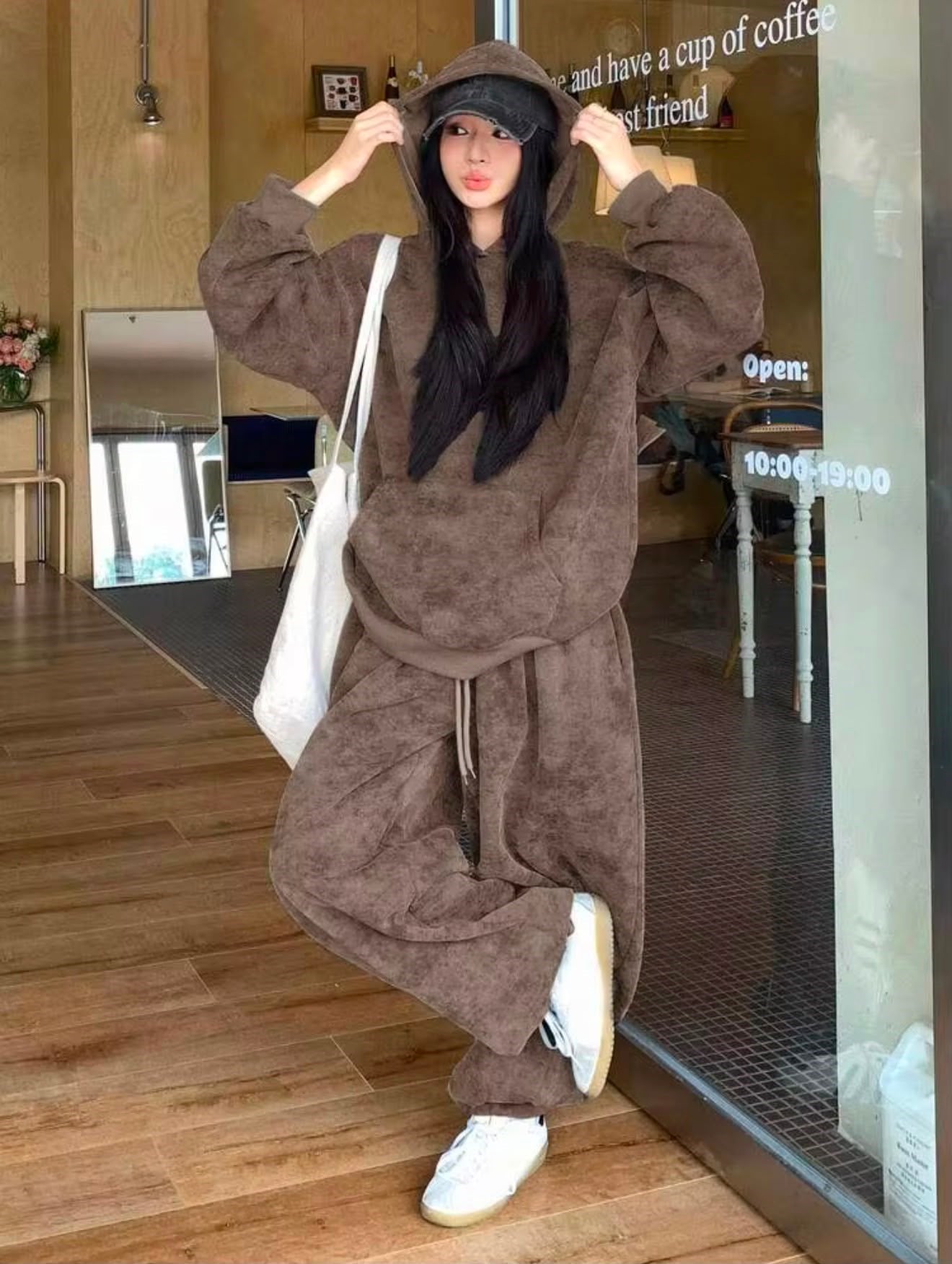 Kahverengi Washed Yıkama Desenli 3 İplik Eşofman Takımı