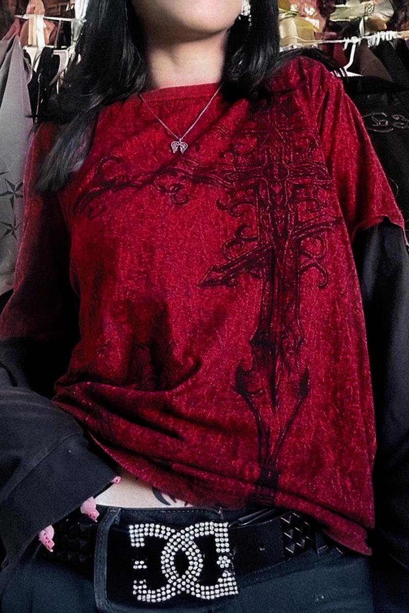 Kırçıllı Bordo Vintage Ancient Cross Cyber Grunge İnce Sweatshirt