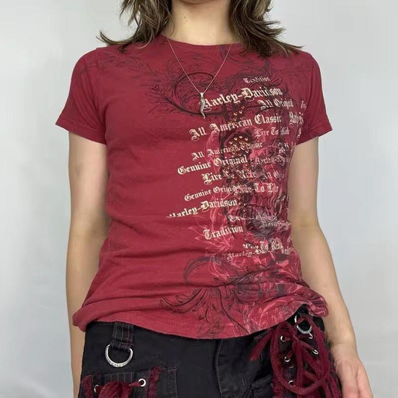 Kırmızı Skull Life Cyber Grunge Kısa Kollu Crop