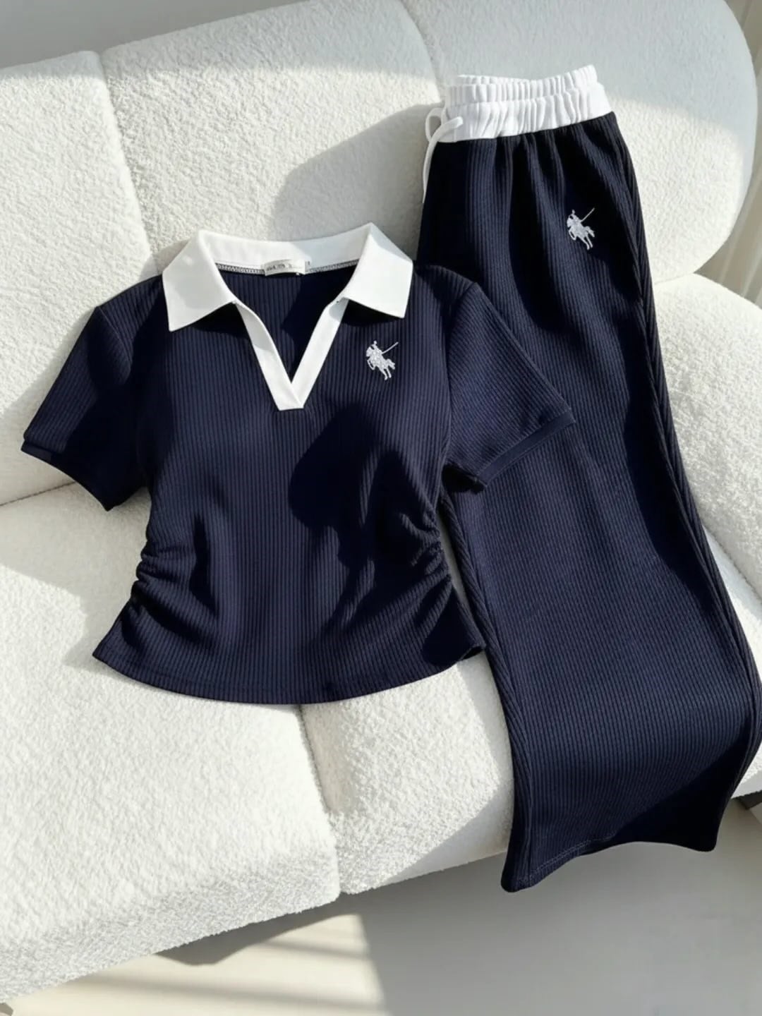 Lacivert Polo Yaka Fitilli Likralı Premium Eşofman Takımı