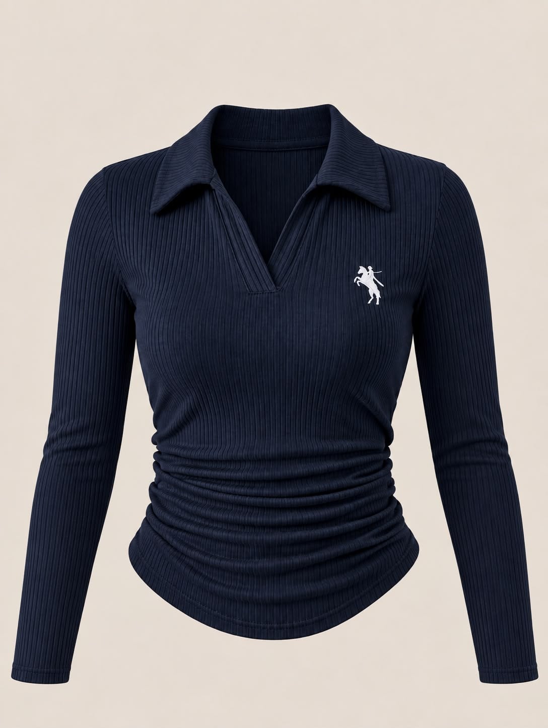 Lacivert Polo Yaka Fitilli Premium Uzun Kollu Bluz